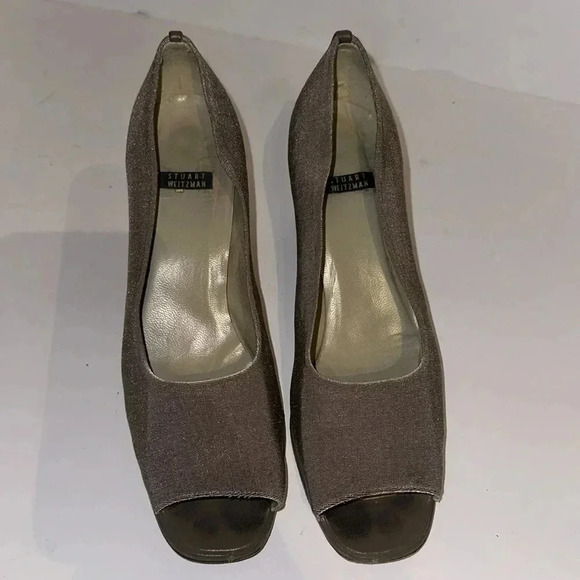 Stuart Weitzman Square Open Toe Textile Textured Block Slim Heels - Picture 2 of 6